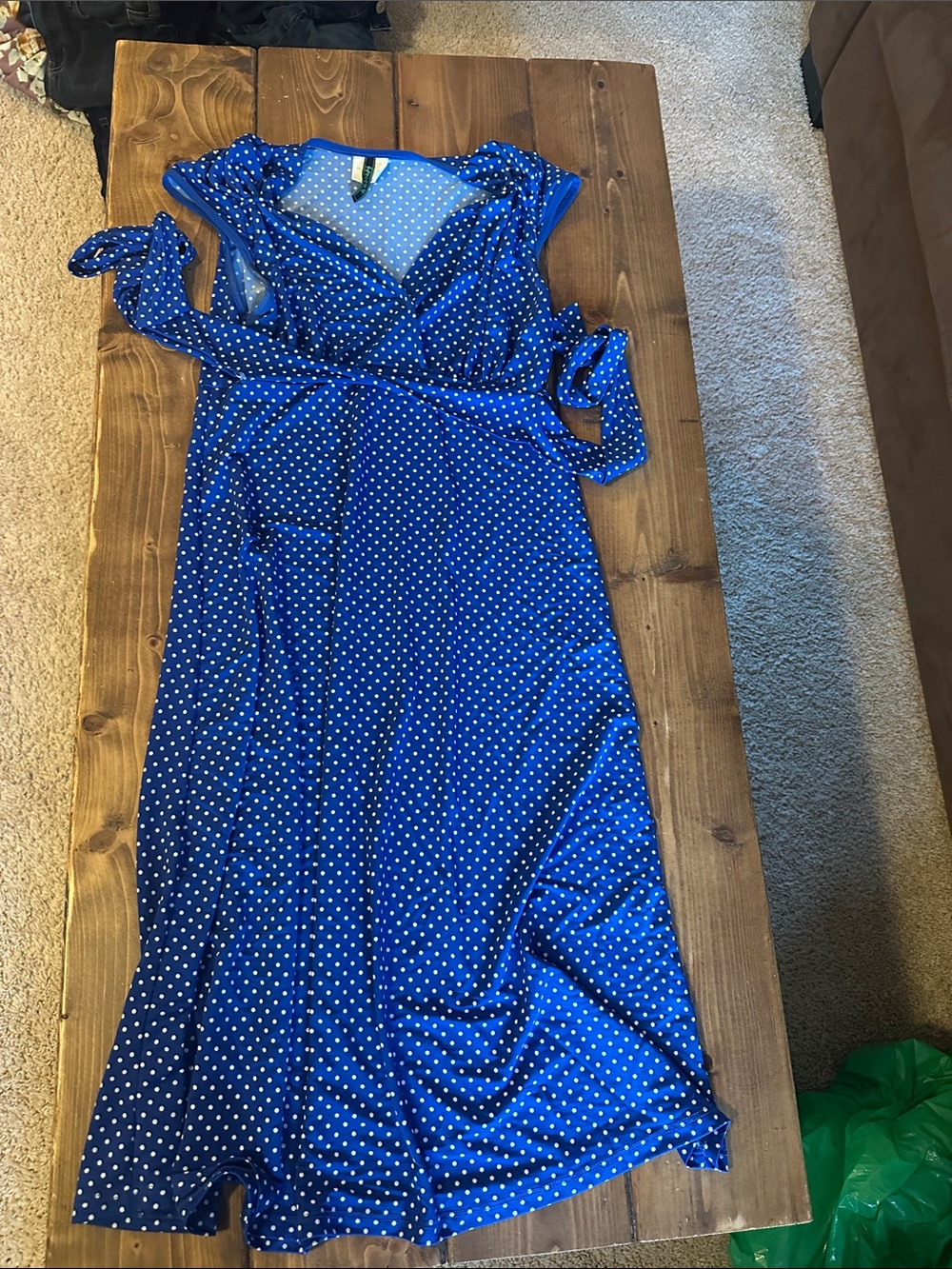 Women’s Blue Polka Dot Midi Wrap Dress with Tie Waist Size M fits like S